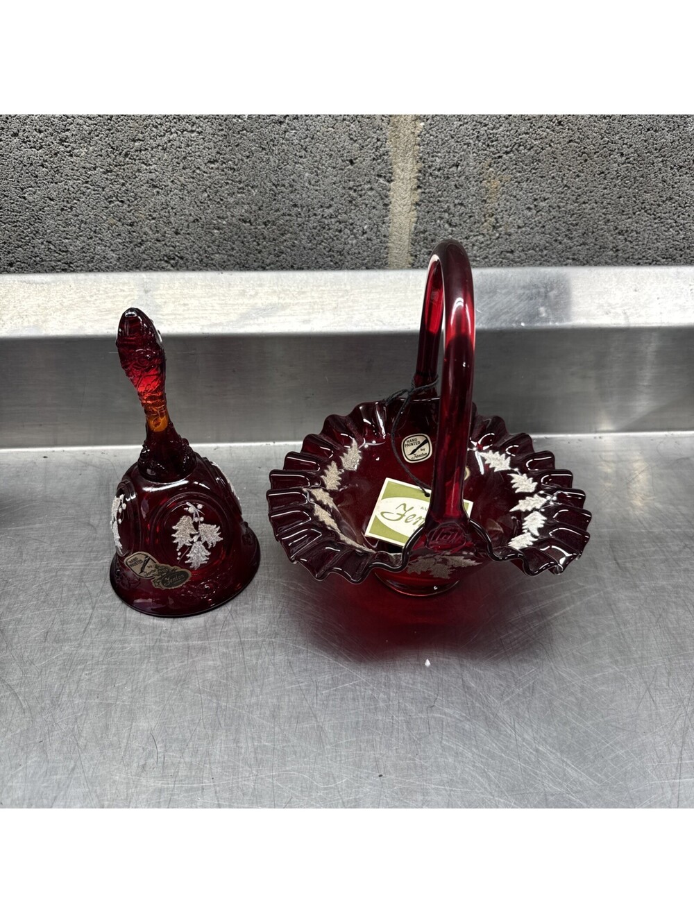 Fenton Vintage Glass Ruby Red Basket SIGNED Fenton Bell Signed